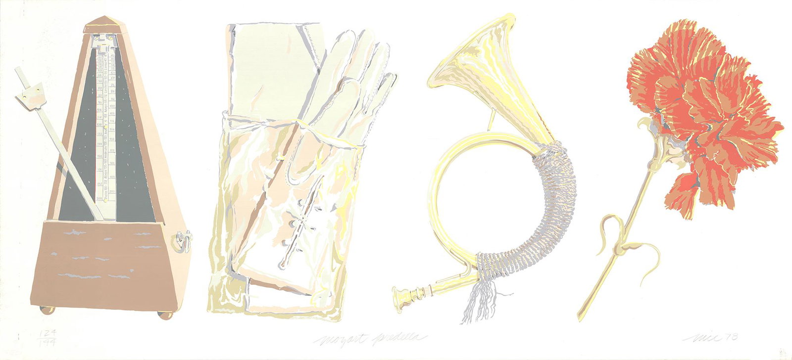 Don Nice: Mozart Predella: Mozart Predella by Don Nice, 1978 Signed Serigraph.Paper size is 33 x 72.25 inches, with an image size of 33 x 72.25 inches.The Serigraph is from an edition size of 144 and is not framed.The condition