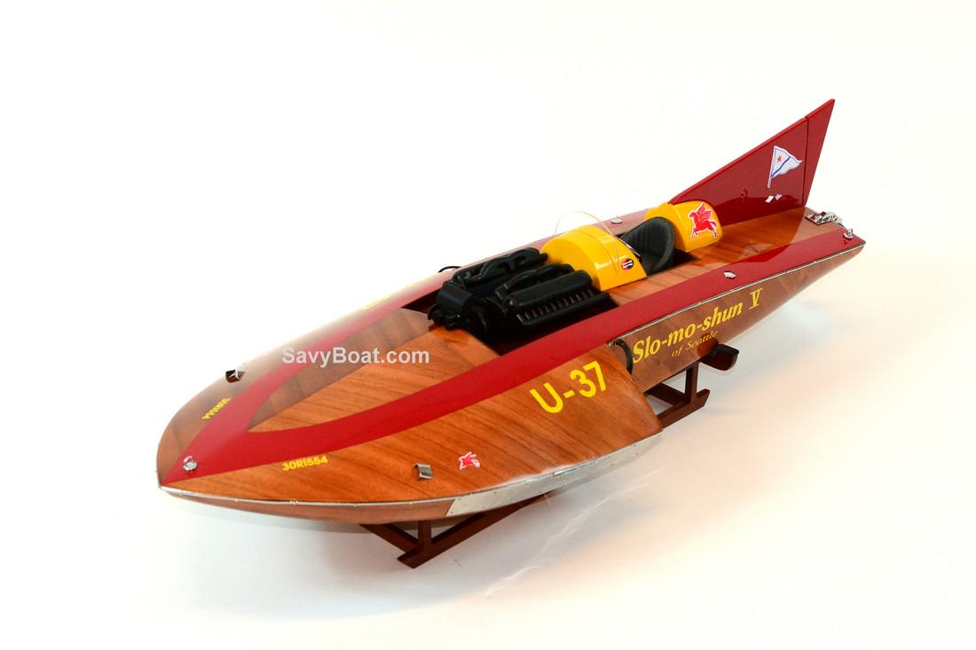Slo-Mo-Shun V: Dimension approximate: (All sizes are in inches) 30 L x 12.5 W x 8.5 H; The model is already built, NOT a model ship kit; Handcrafted from scratch using finest woods & chrome fittings Reserve: $275.00
