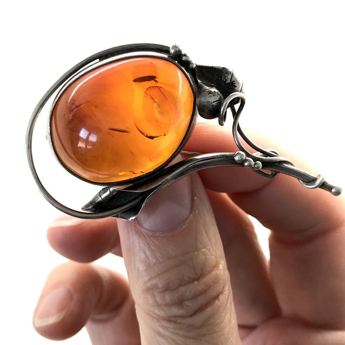 Antique silver brooch with Baltic amber, 6cm (1 of 7)