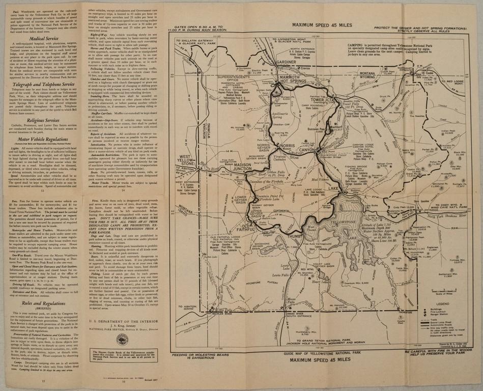 1947 Yellowstone National Park Map -- Yellowstone: Title/Content of Map: 1947 Yellowstone National Park Map -- Yellowstone National Park Map Date: 1947 Cartographer: US Dept. of Interior Size: 15.3 X 15 in. map in 9.3 X 4 in. Pamphlet This is a very n
