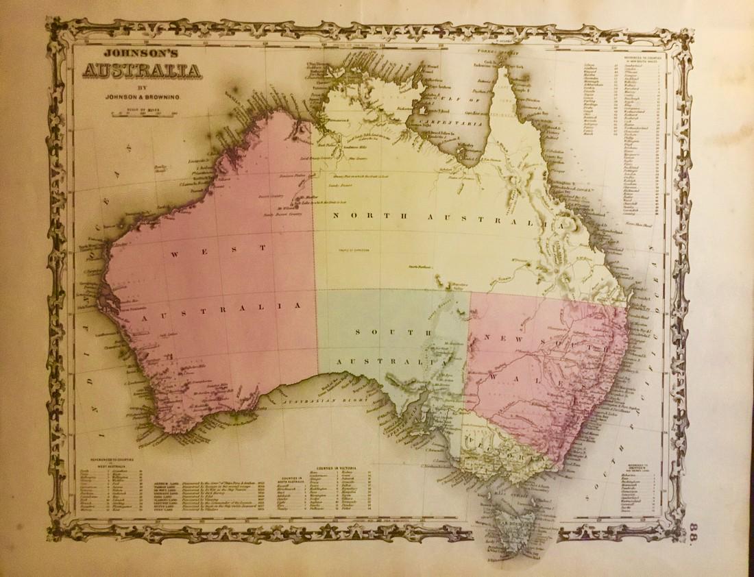 Australia: Title/Content of Map: Australia Date: 1861 Cartographer: Johnson Material/Medium: steel engraved Size: 18x14” Provenance: New York Additional Info: Hand colored Reserve: $35.00 Shipping: Domestic: