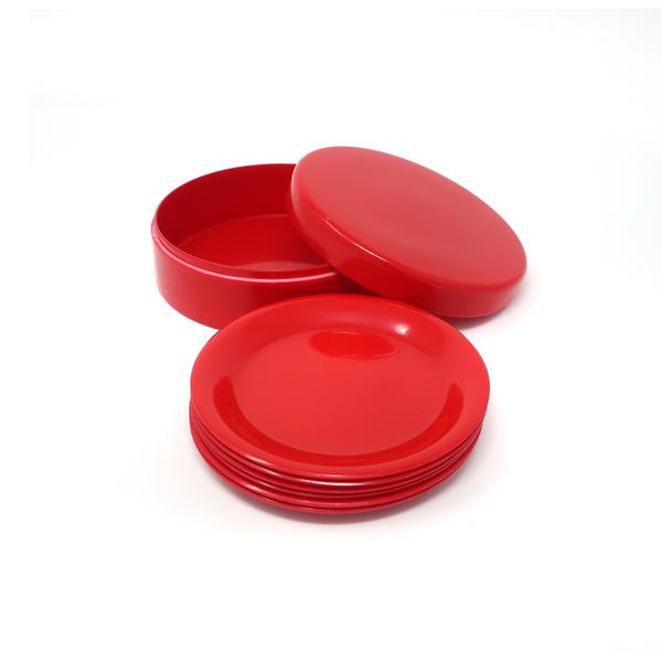 Set of Six Red Mid-Century Modern Coasters in Case: A set of six bright red mid-cenutry modern plastic coasters with a raised edge detail and matching red storage case. 4.75” x 4.75” x 2.5” Reserve: $25.00 Shipping: Domestic: Flat-rate of $10.00