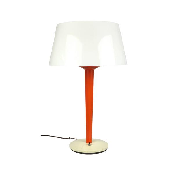 Vintage Gerald Thurston for Lightolier Orange Table: A classic mid-century modern Lightolier lamp designed by Gerald Thurston, a renowned lighting designer known for his work from the 1940s and 50s, with a bright orange plastic base and broad off-white