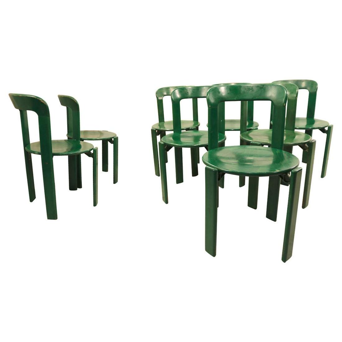 Bruno Rey for Dietiker Set of 8 Green Dining Room: Wonderful set of 8 rare green lacquered beech wood Bruno Rey dining chairs manufactured in the 1970s by Dietiker, Switzerland. The eye-catching design and color of the chairs goes very well along with