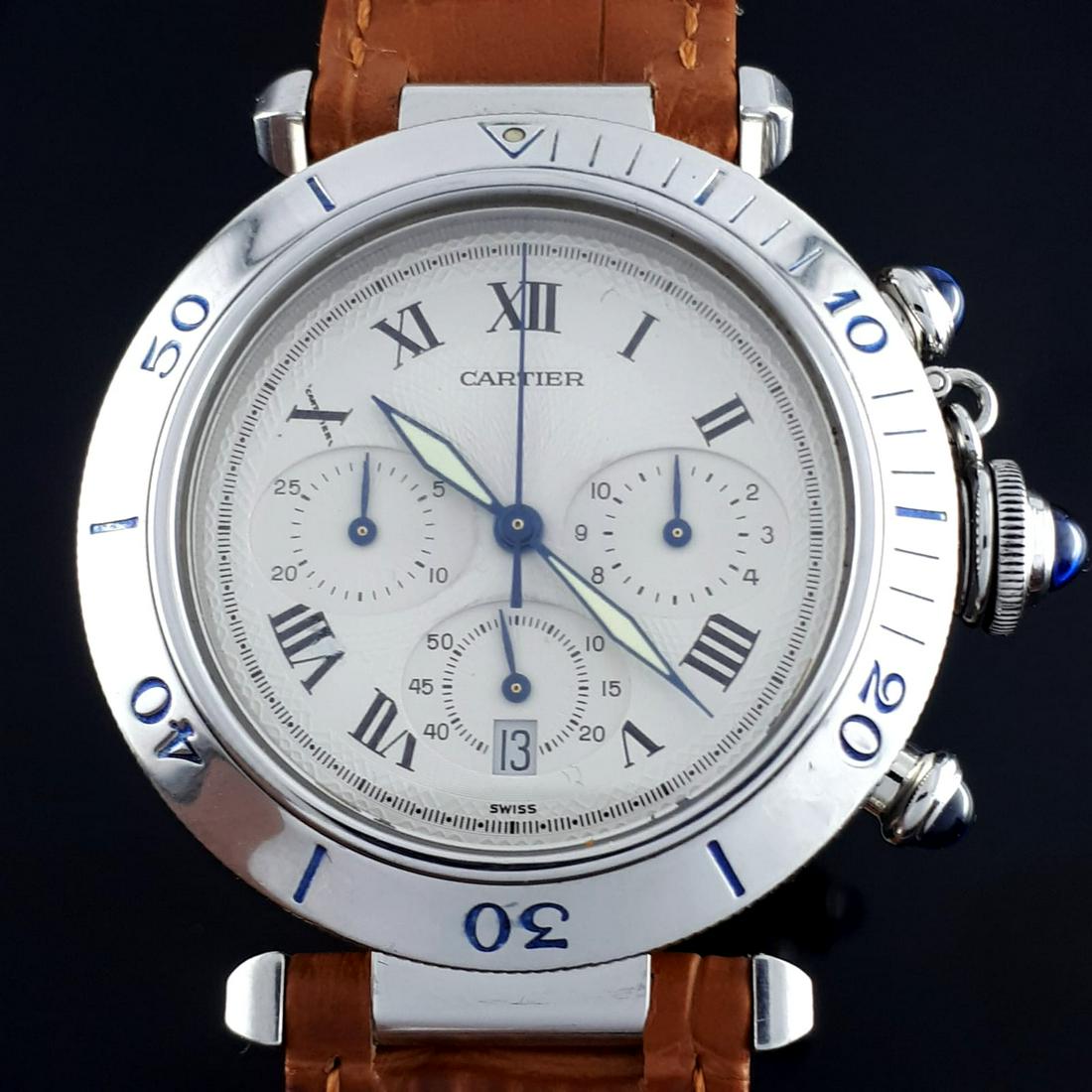 Cartier - Pasha Chronograph - 1050 - Men - 1990-1999: Brand:Cartier Model:Pasha Chronograph Reference Number:1050 Gender:Men Period:1990-1999 Movement:Quartz Case material:Steel Extras:Original Box Type:Chronograph wristwatch Bracelet: after market naura