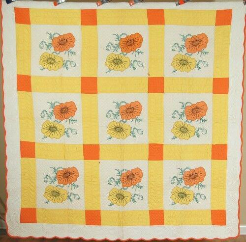 Vintage 30's Orange & Yellow Poppy Applique Antique Qui (1 of 10)
