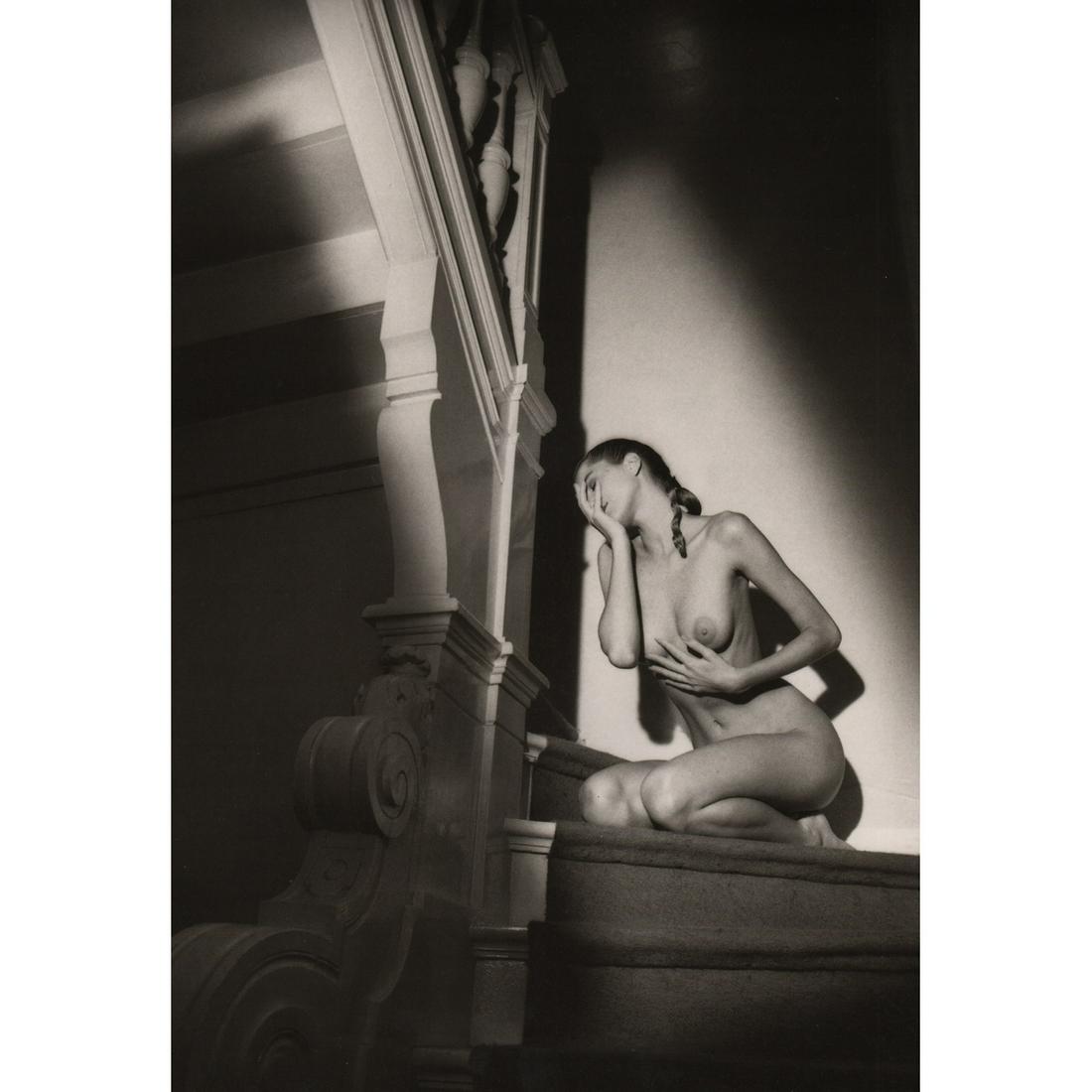 JEANLOUP SIEFF - Nude on the Stairs, Paris 1987: Artist: JEANLOUP SIEFF Print Title: Nude on the Stairs, Paris 1987 Medium: Glossy Photo-Lithograph Poster Printing location: Germany Printing Date: 1990's Image Size: 17 x 12 inches Jeanloup Sieff (19