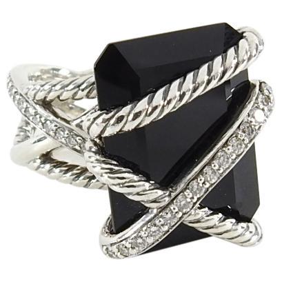 David Yurman Sterling Silver Onyx Diamond Cable Wrap: David Yurman Sterling Silver Onyx Diamond Cable Wrap ring. Original retail at David Yurman is $1700 USD / $2250 CAD. 15mm wide front with sterling silver cable wrap design accented by white diamonds. 
