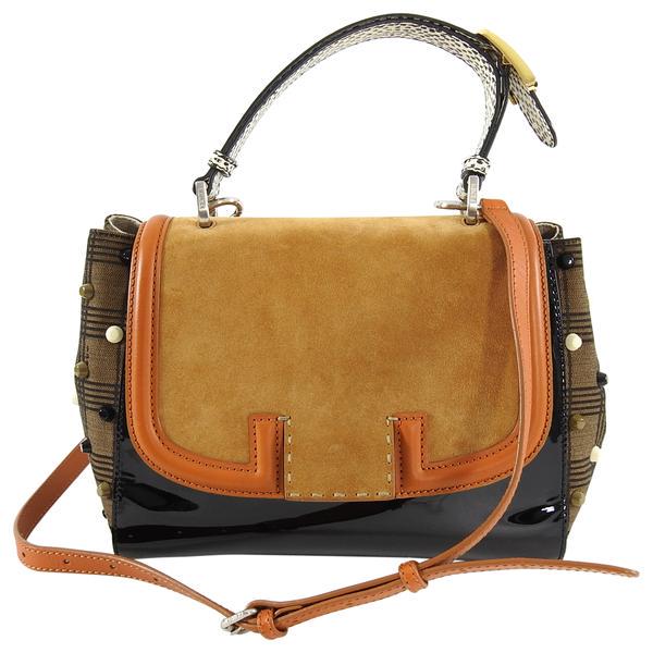 Fendi Silvana Tan Suede and Patent Tricolor Stud Bag: Fendi Silvana Tan Suede and Patent Tricolor Stud Bag. Tan suede and black patent leather body, jacquard logo check fabric at sides with stud detail. Top handle is python snakeskin with enameled FF log