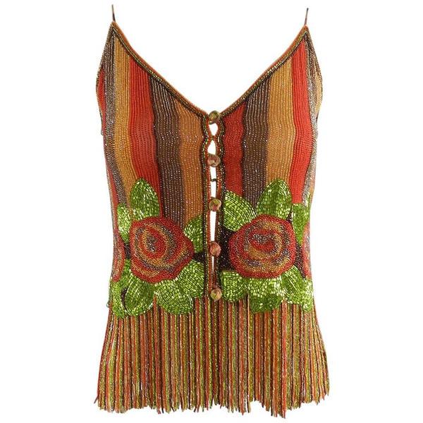 Vintage 1970's Galanos Beaded Fringe Strappy Evening: Vintage couture 1970's James Galanos Beaded Strappy Evening Top with Fringe. Heavy fully beaded top with rose design. Lime green, brick red, brown, burnt orange. Lined with silk chiffon and fastens at