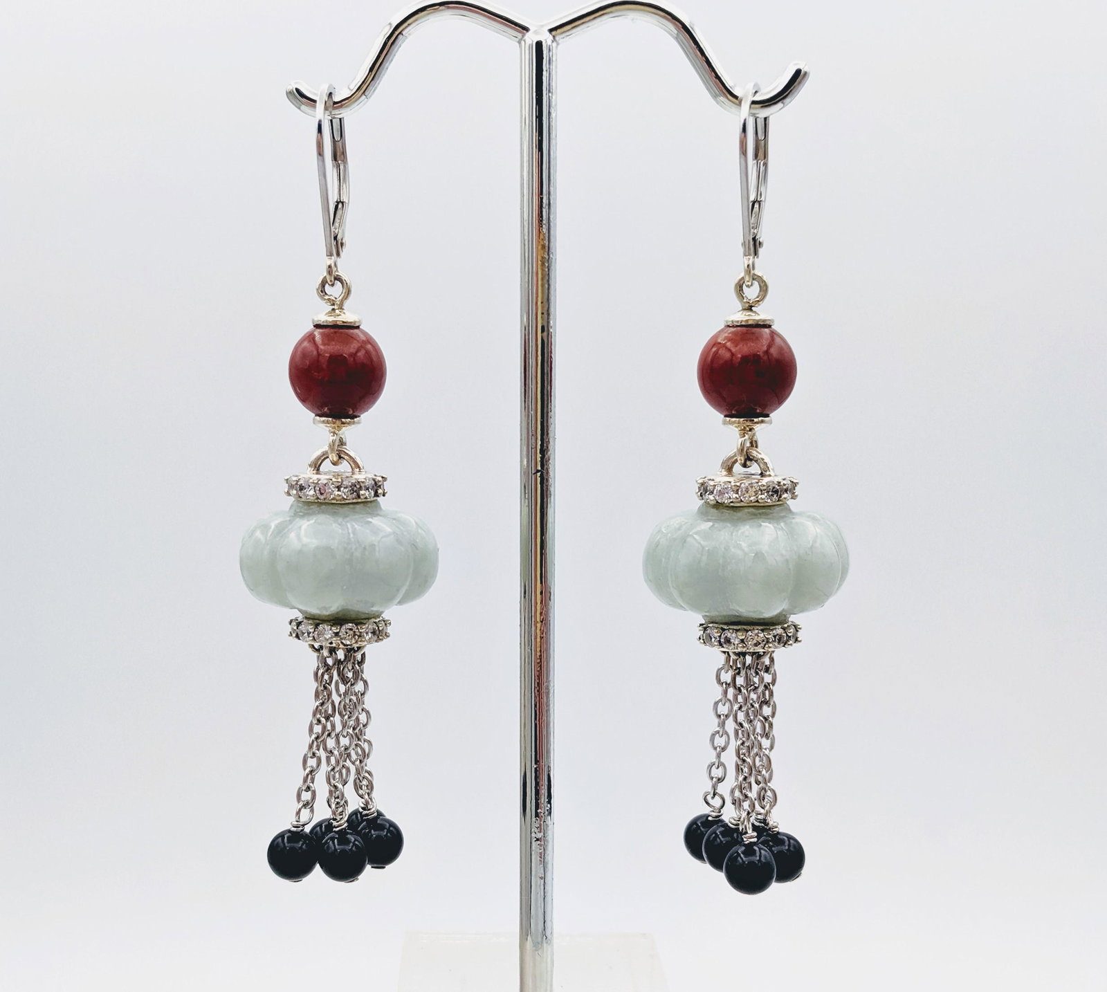 Sterling Silver Jade, Carnelian w Black Faceted Beads &: Title: Sterling Silver Jade, Carnelian w Black Faceted Beads & CZ Earrings Brand: Jean Lin Collection Metal Purity: 925 Sterling Silver Gemstones: Jade, Carnelian, Black Faceted Beads & Cubic Zirconia