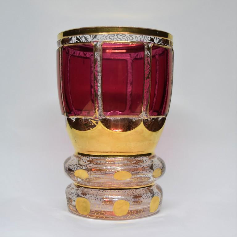 Antique Moser Glass Large Gilded Beaker Cranberry: Title: Antique Moser Glass Large Gilded Beaker Cranberry Cabochon Bohemian Maker:Moser Origin: Bohemia Date/Period: c. 1900 Materials: Lead Glass Size: 5 3/4" tall, 3 3/4" in diameter Description: Gol