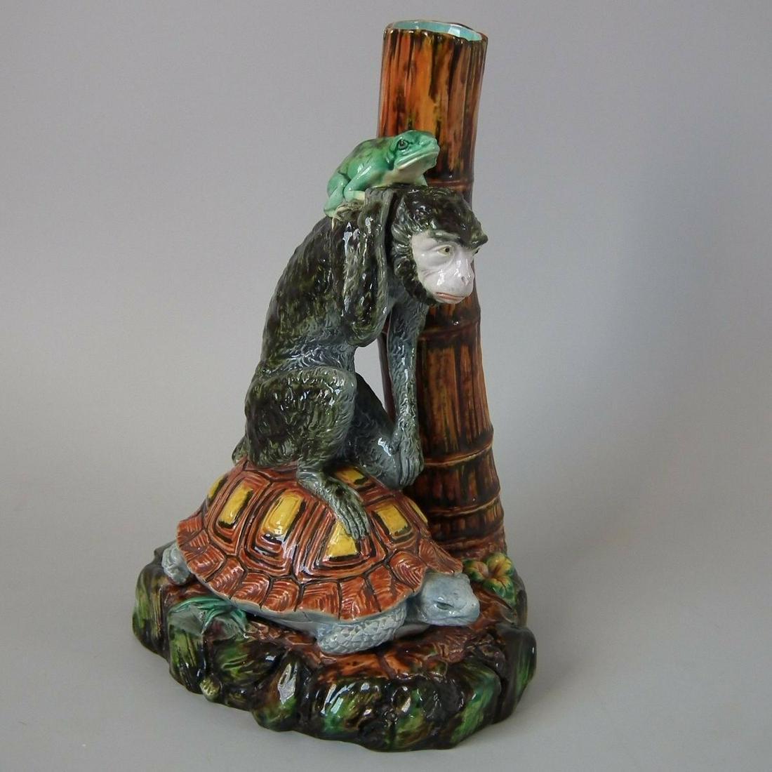 Worcester Majolica Frog, Monkey and Tortoise Vase: Title: Worcester Majolica Frog, Monkey and Tortoise Vase Description: Worcester Majolica Frog, Monkey and Tortoise Vase Description Royal Worcester Majolica vase which features a frog riding on the ba