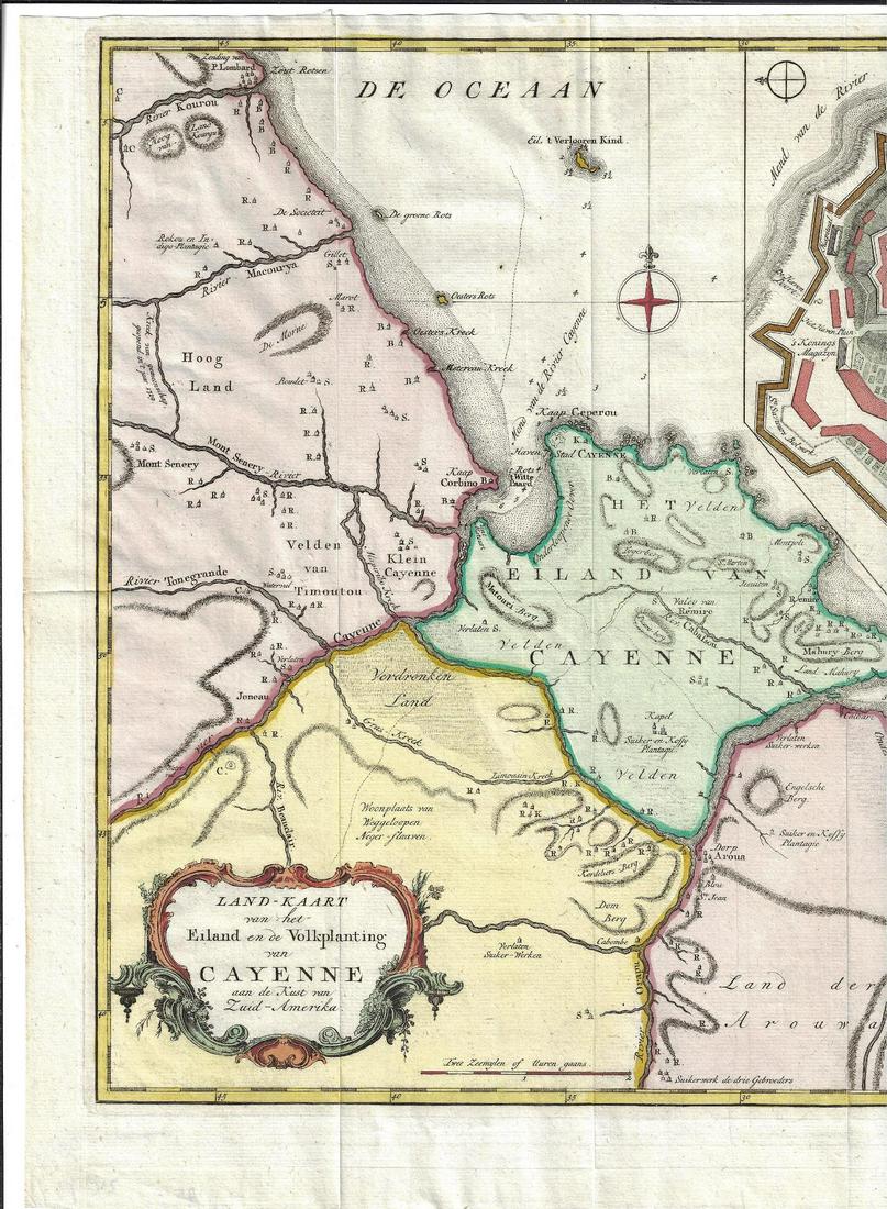 1766 Handcolored Engraved Map Tirion of Cayenne: 1766 hand colored engraved map and plan “Land-Kaart van het Eiland en de Volkplanting van Cayenne aus de Kust van Zuid-Amerika”, by Isaak Tirion,. Fine, close right margin. Measures 18 x 16”, fo