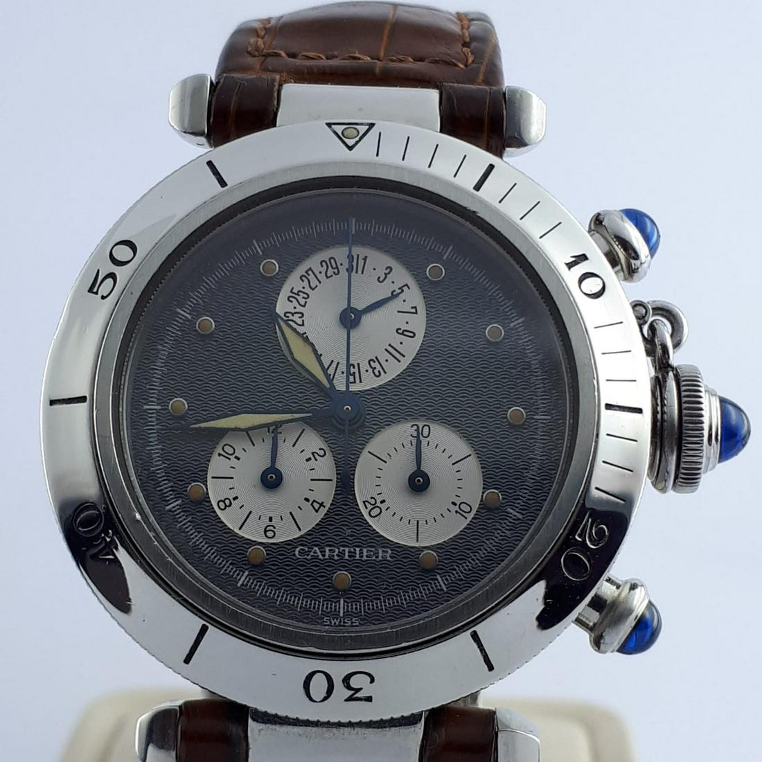 Cartier - Pasha Chronoflex - 1352 1 - Men - 2000-2010: Brand:Cartier Model:Pasha Chronoflex Reference Number:1352 1 Gender:Men Period:2000-2010 Movement:Quartz Case material:Steel Extras: Universal Watch Box Type:Chronograph wristwatch Bracelet: original 
