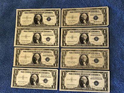 8 - $1 Silver Certificates: Series 1935 E - F - G Shipping:Domestic: Flat-rate of $10.00 to anywhere within the contiguous U.S.International: Foreign shipping rates are determined by destination.Combined shipping: Please ask