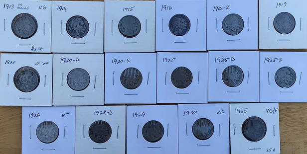 17 Different Buffalo Nickels: 17 Different Buffalo Nickels: 1913T1 - 14 - 15 - 16 - 16S - 19 - 20 - 20D - 20S - 25 - 25D - 25S - 26 - 28S - 29 - 30 - 35 Shipping:Domestic: Flat-rate of $10.00 to anywhere within the contiguous