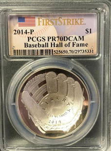 Proof 2014-P Baseball Hall of Fame $1 Deep Cameo: 2014-P Baseball Hall of Fame $1 Deep Cameo PR70DCAM - Insured Shipping & handling is $10. We will work with you on combined shipping requests. Shipping:Domestic: Flat-rate of $10.00 to anywhere