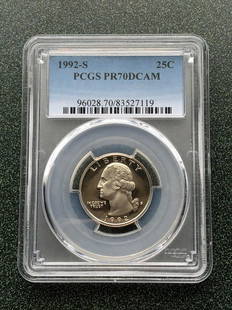 1992-S PCGS PR70DCAM Washington 25c: 1992-S PCGS PR70DCAM Washington Quarters - PCGS# 96028 Graded Population only 776 Auction Record:$345 • PCGS PR70 • 3-3-2003 • Heritage Shipping:Domestic: Flat-rate of $10.00 to anywhere