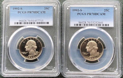2 x 1992-S PCGS PR70DCAM Washington 25c: Two 1992-S PCGS PR70DCAM Washington Quarters - PCGS# 96028 Graded Population only 776 Auction Record:$345 • PCGS PR70 • 3-3-2003 • Heritage Shipping:Domestic: Flat-rate of $10.00 to anywhere