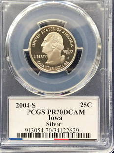 Silver 2004-S Iowa State Quarter PR70DCAM: 2004-S Silver Iowa State Quarter PR70DCAM PCGS# 913054: Graded Population only 916 Auction Record:$230 • PCGS PR70 • 2-28-2005 • Heritage Shipping:Domestic: Flat-rate of $10.00 to anywhere