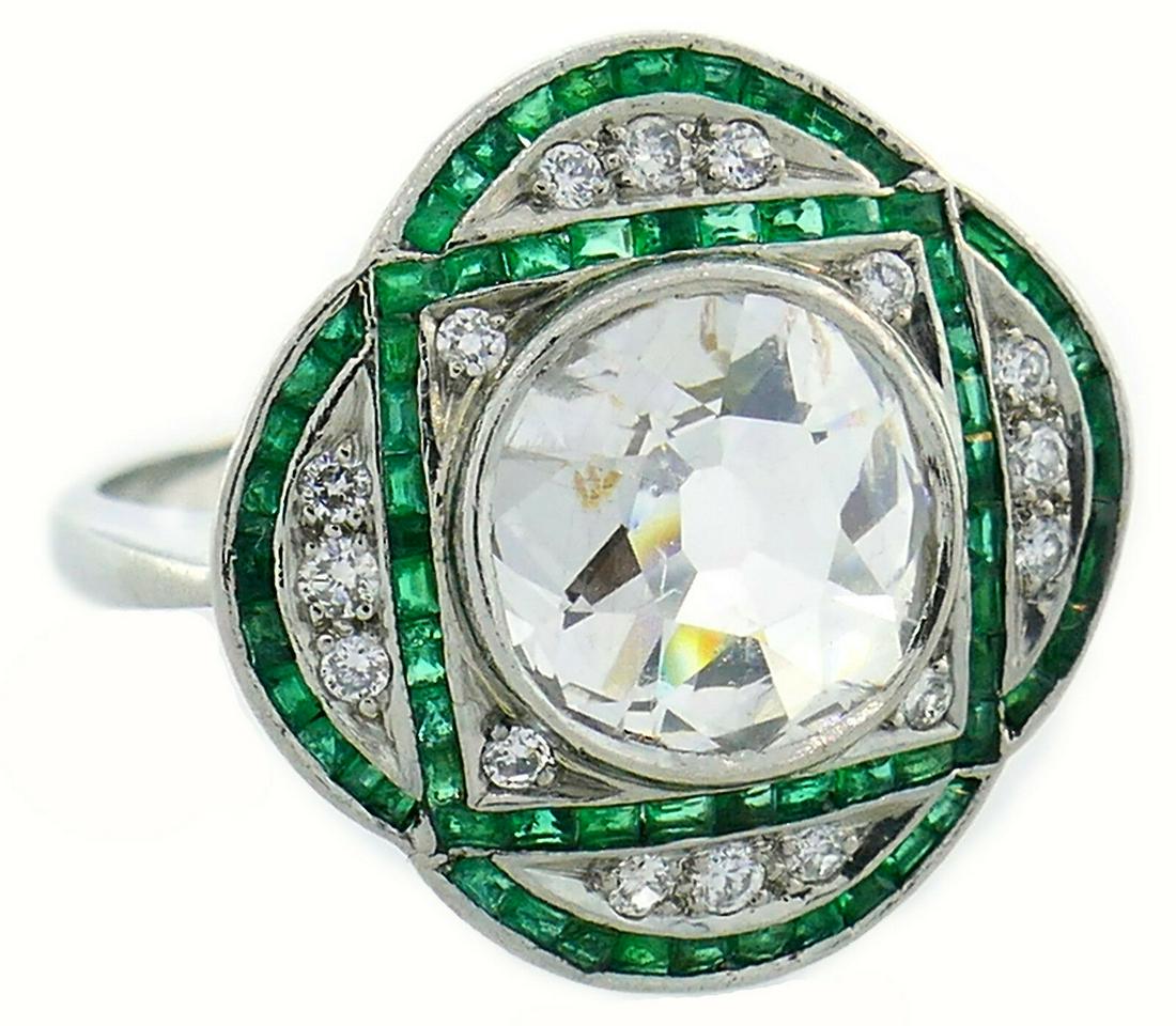 Art Deco Revival Diamond Emerald Platinum RING Fabulous (1 of 7)