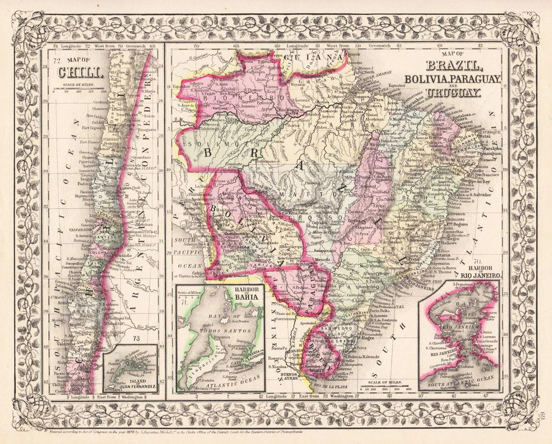 Mitchell: Brazil / Chile with Juan Fernandez Island: Map Title: Map of Chili / Map of Brazil, Bolivia, Paraguay, and Uruguay Cartographer: S. A. Mitchell Place / Date: Philadelphia / 1870 Size: 13 3/8" x 10 3/4" Condition: full color; light overall age 
