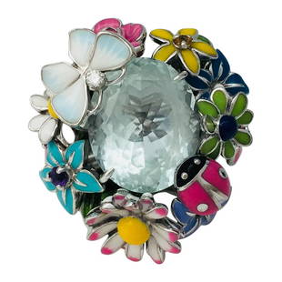 Dior Ring, Diorette Collection with aquamarine and: A 750/000 white gold cocktail Dior ring, "Diorette" collection, centered with an oval aquamarine, shouldered with a floral motif, a butterfly and a ladybird, enhanced with colorful enamel. Large