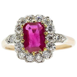 Contemporary Handmade 18 Karat and Platinum Ruby and: Composition: 18k Gold and platinum Stones: • 1 Natural Burma emerald cut ruby 1.02ctw • 16 old mine cut diamonds H-VS2 0.60ctw Ring size: 6 ½ Ring face: 12mm by 10mm Rise above finger: 5mm.