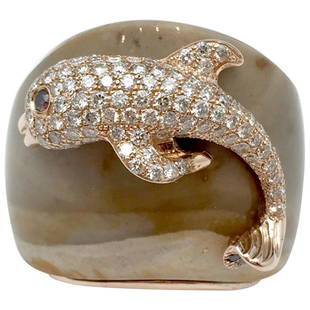 Pink Gold Paolobongia Dolphin Ring Set with Diamonds,: A 750/000 pink gold PAOLOBONGIA ring made of jaspe and enhanced with a pink gold dolphin entirely set with brilliant cut diamonds and garnet. Diamond Quality : F/G-VVS Finger size : 6 1/4 cannot be