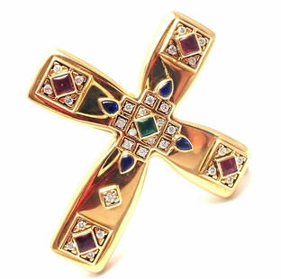 Cartier Vizantija 18k Emerald Sapphire Ruby Diamond: Cartier Vizantija 18k Yellow Gold Emerald Sapphire Ruby Diamond Cross Large Brooch Pendant. You are bidding on an Cartier Vizantija 18k Yellow Gold Emerald Sapphire Ruby Diamond Cross Large Brooch