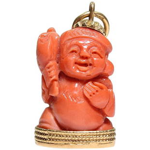 Antique 18 Karat Gold Coral Buddha Pendant: Period: Art deco (1920-1935) Composition: 18K Gold. Stones: • 1 natural Buddha shape red coral. Pendant measures: 30mm by 17mm Thick: 10mm Total weight: 9.5grams – 6.1dwt This purchase comes with