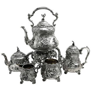 RARE ANTIQUE VICTORIAN SILVER TEA & COFFEE 5 PIECE SET: 1872 to 1874 London A particularly impressive Antique Victorian Silver Tea & Coffee Set comprised of a teapot, coffee pot, kettle on stand, sugar bowl & cream jug. Each piece is pear shaped and