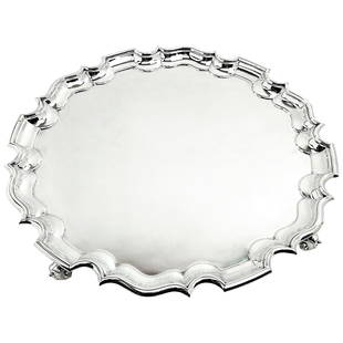 LARGE ANTIQUE VICTORIAN STERLING SILVER CHIPPENDALE: 1895 London A magnificent Antique Victorian Solid Silver Salver with a Chippendale Border. This salver has a highly polished finish and 4 scroll feet. Made in London in 1895 by Gibson & Langman,