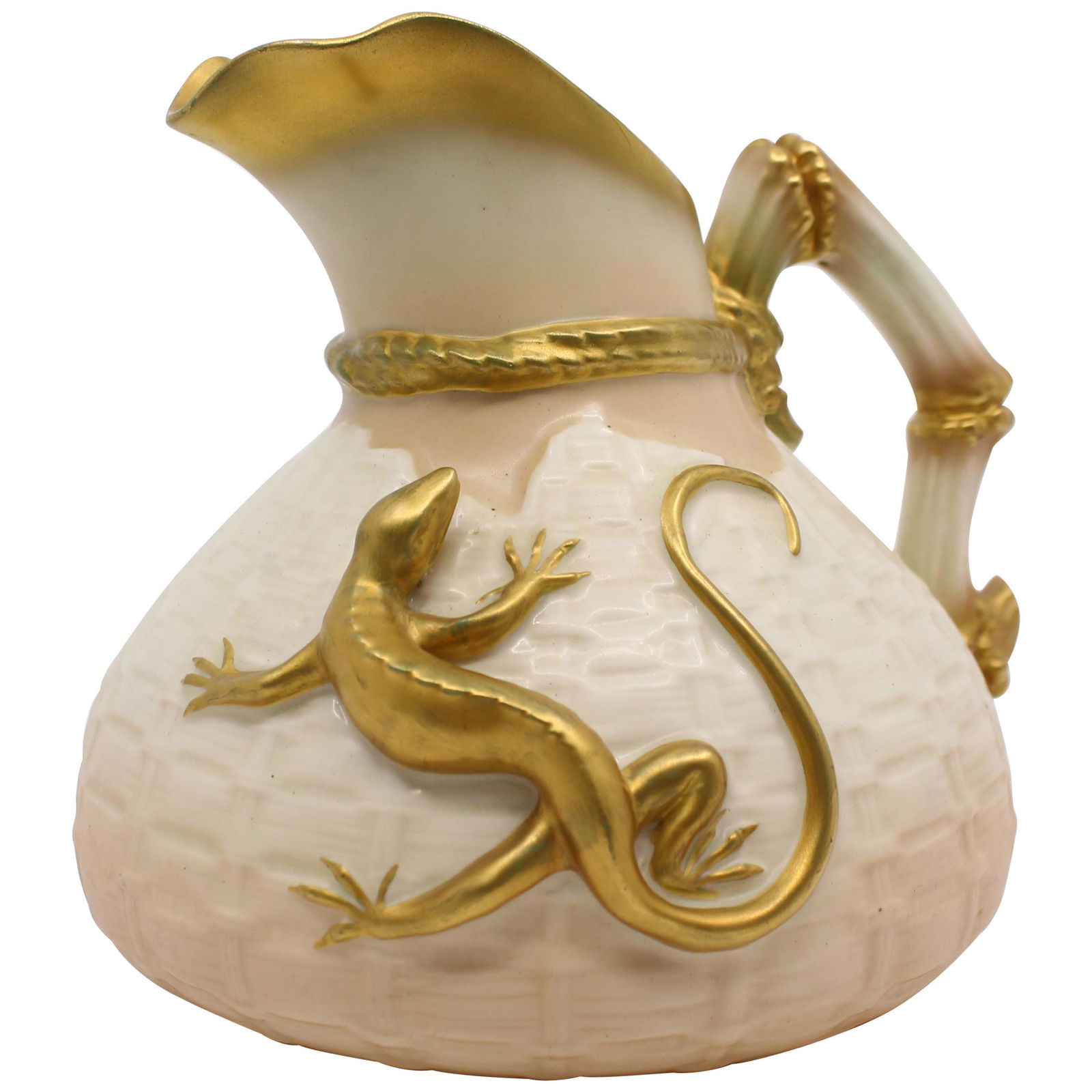 Royal Worcester Blush Pattern 1714 Lizard Jug, 1930: Manufacturer: Royal Worcester, Made in England Date 1930 Backstamp: Royal Worcester puce backstamp with date code Condition: Very good condition. No chips, cracks or repairs. Clean gilding, minor wear