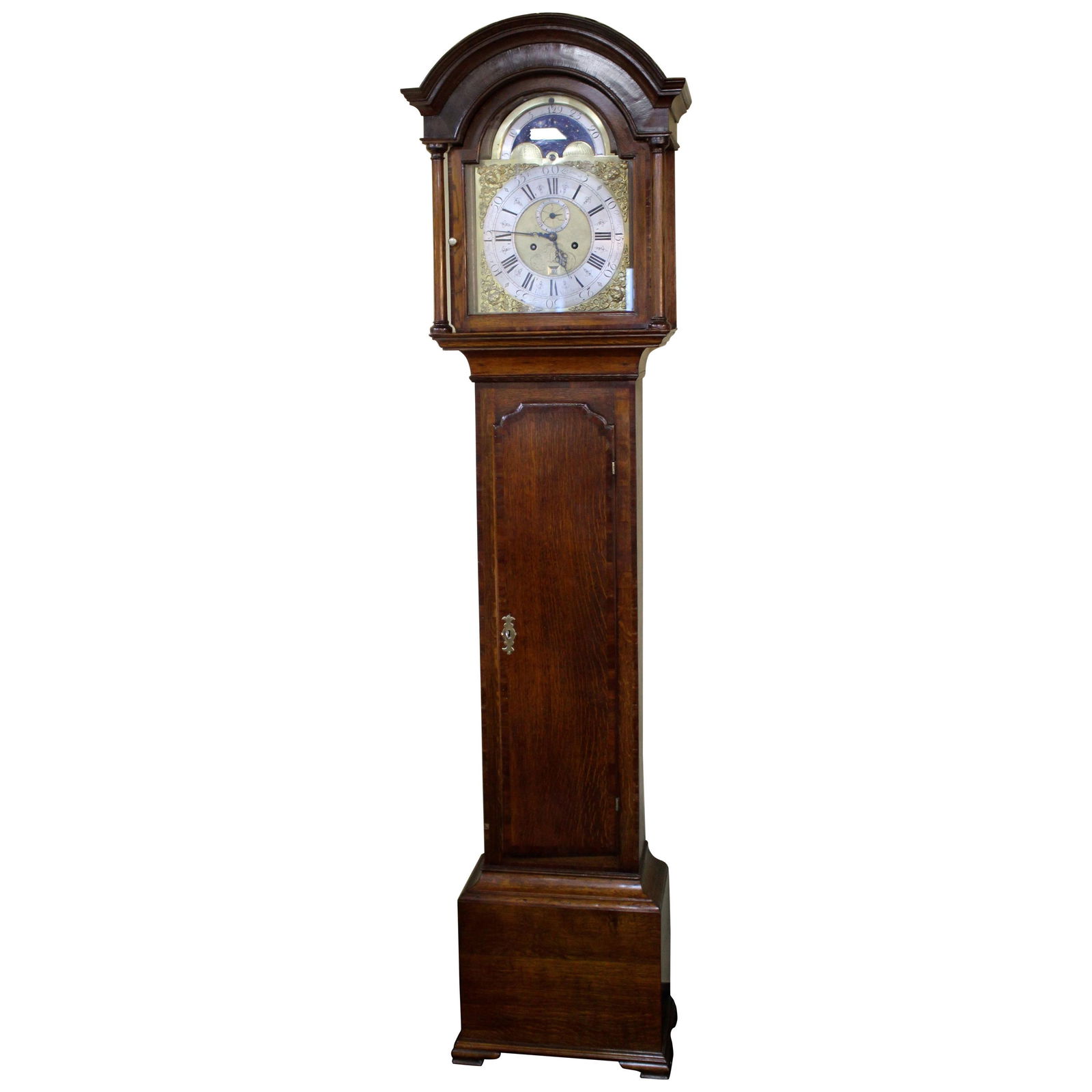 Mid-18th Century Eight Day Oak Longcase Clock by John: Period English, mid-18th century, dated 1748. Maker John Taylor of Manchester Measures: Width 54.5 cm / 21 1/2 in Depth 26 cm / 10 1/4 in Height 216.5 cm / 85 1/4 in Dial Brass arched dial with brass