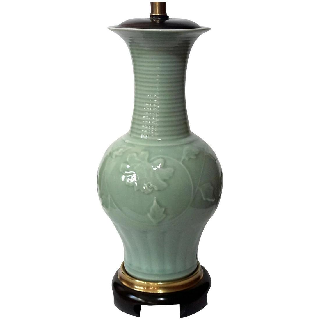 Frederick Cooper Celadon Porcelain Table Lamp: A Beautiful Frederick Cooper Celadon Porcelain Table Lamp With Wood And Brass Mounts. It Measures 23" Tall To The Top Of The Socket, 32" Tall To The Top Of The Finial, But That May Vary By The Harp An