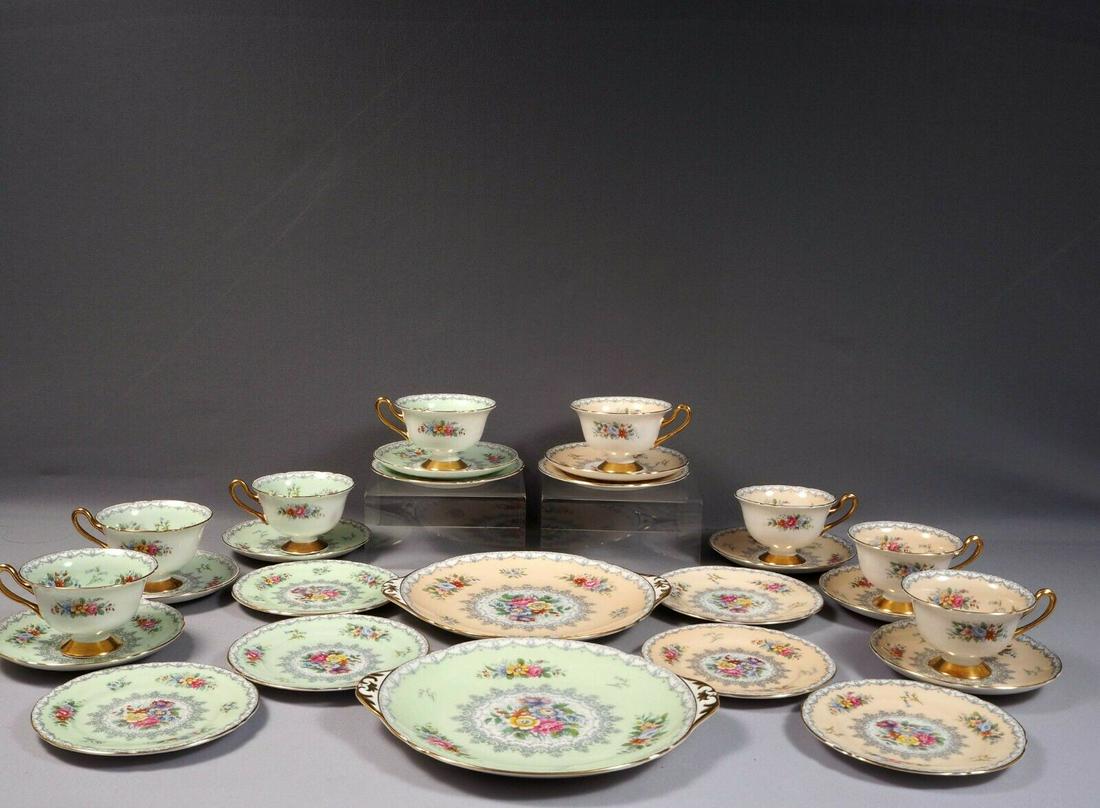 Shelley Crochet Coffee Tea Set cup Saucer Bread Dessert: This is a beautiful and timeless Coffee/Tea set, made by Shelley England in the famous Crochet pattern. The set is properly marked with back stamp that dates it between 1945 and 1966. Shelley is known