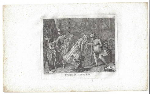 1820 Hogarth Engraving Taste in High Life: 1820 engraving after William Hogarth entitled “Taste in High Life”, by the German engraver Ernst Ludwig Riepenhausen. Fine with light discoloration in blank margins. Measures 15 x 9.25” with