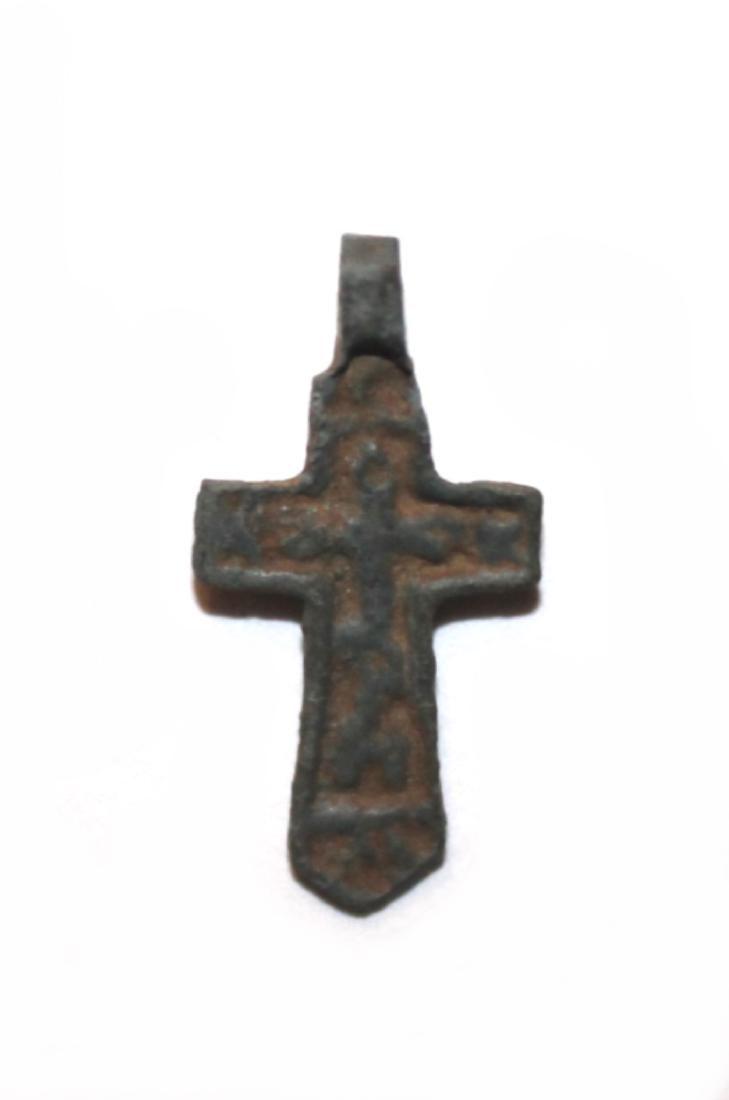 Russian Child Cross, 14-15th C: Title: Russian Child Cross, 14-15th C Origin: Russia Materials: Copper Size: 23x11 mm Russian Child Cross, 14-15th Century. 23 x 11 mm. Great details and beautiful malachite color patina. RRR Reserve: