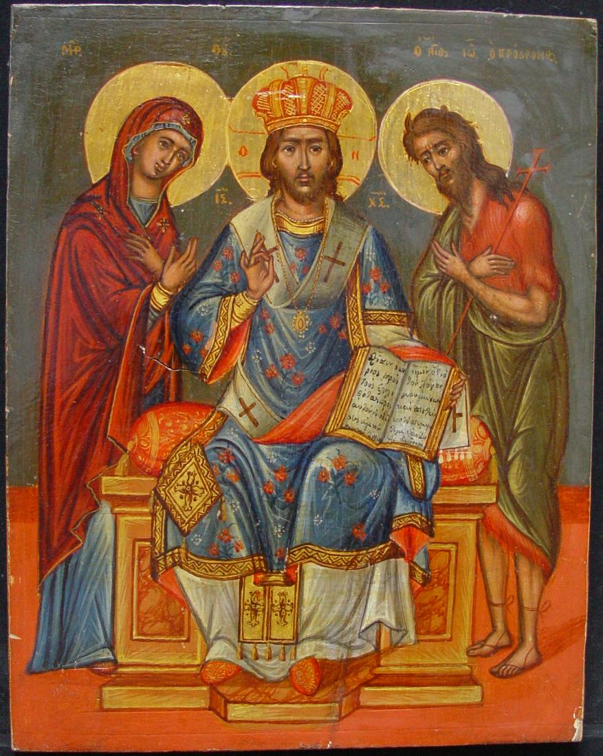 Deeis: Title: Deeis Origin: Greek / Cretan Date: around 1800 Materials: egg tempera on wooden board Size: size 31 5 x 24.5 cm Additional Information: The iconic image of Christ Pantocrator ("Christ, Ruler of
