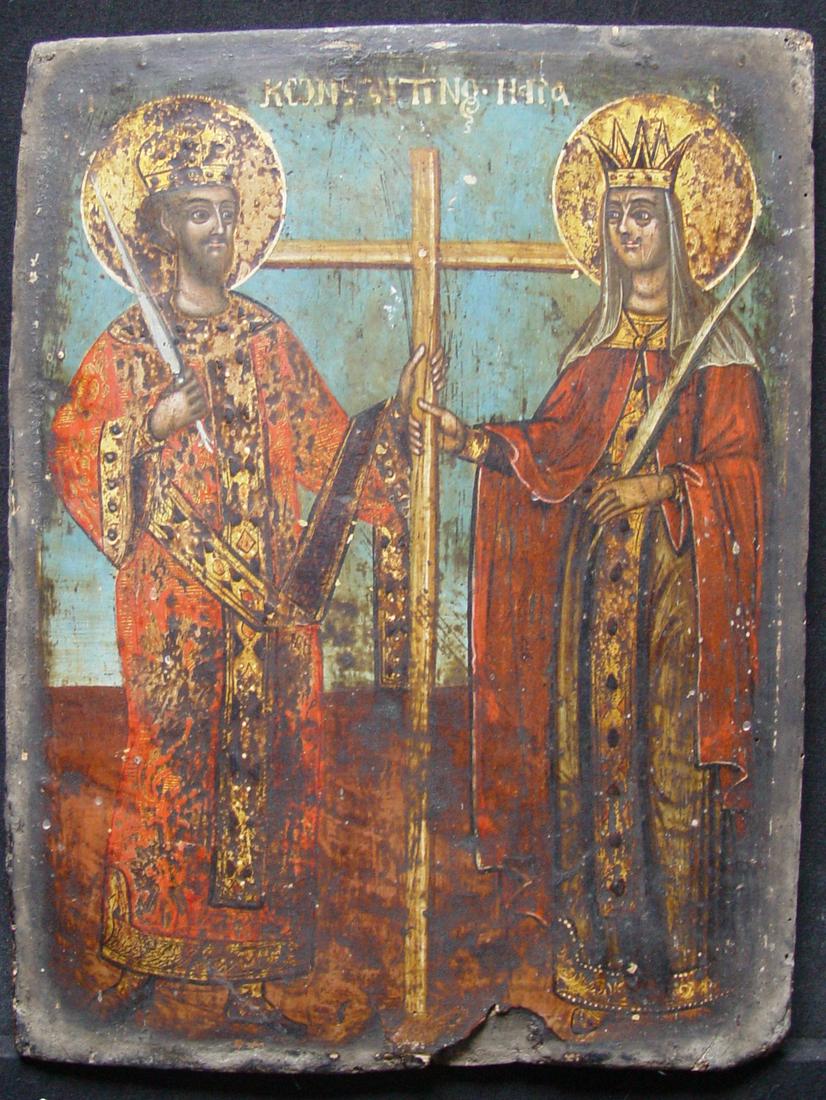 Konstantin and Helena: Title: Konstantin and Helena Origin: Greece Date: 18th century Materials: tempera on wooden board Size: size 28 x 22 cm Additional Information: This great and renowned sovereign of the Christians was 