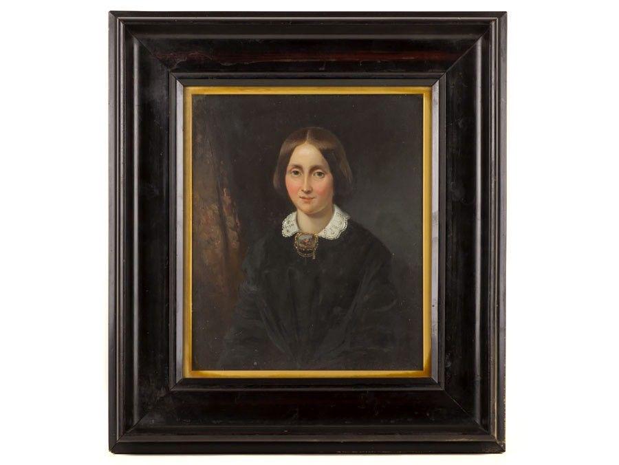 c1830 Portrait Oil Painting Lady Wearing St Bernard Dog: c1830 Portrait Oil Painting Lady Wearing St Bernard Dog Brooch A very nicely painted portrait oil on board of a young woman, in an early to mid-19th century style of dress and wearing a Swiss painted 