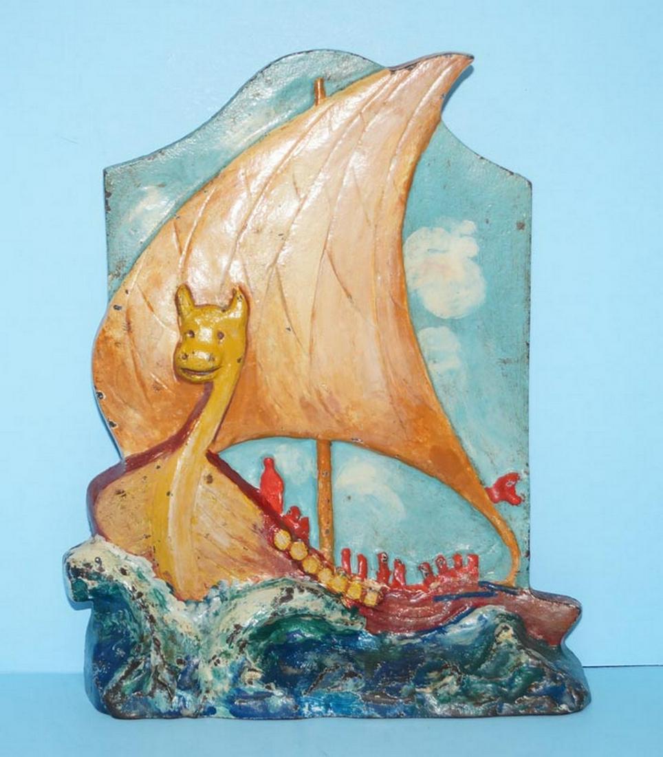Antique Viking Ship w/ Dragon Cast Iron Doorstop (1 of 6)