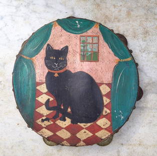 Early 20thc Hide Covered Tambourine With C1970 Folk Art: Title: Early 20thc Hide Covered Tambourine With C1970 Folk Art Cat Painting By A Vermont ArtistDimension: 9" diameter Shipping:Domestic: Flat-rate of $15.00 to anywhere within the contiguous