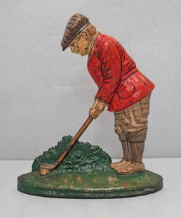 Putting Golfer Cast Iron Hubley Doorstop: Title: Putting Golfer Cast Iron Hubley DoorstopDate/Period: Circa 1930Dimension: 8 ½Â” Height x 7 1/8Â’ Width.Provenance:Antique Cast Iron Doorstop of Putting Golfer wearing jacket & knicker