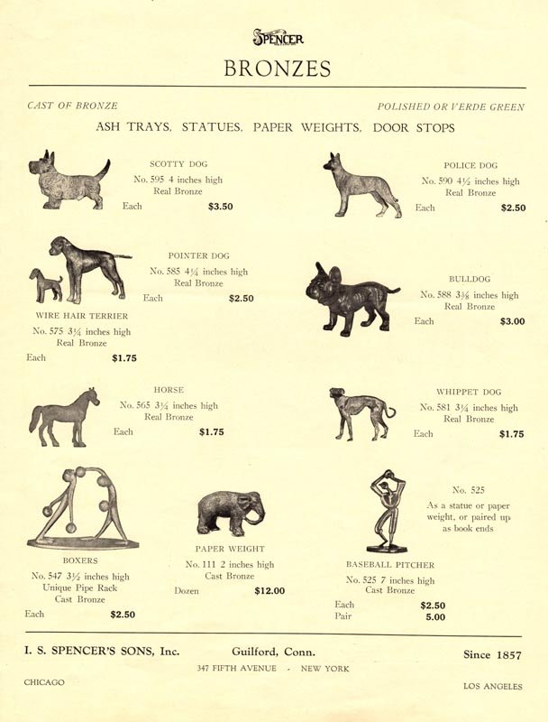 Spencer Catalog Flyer - Doorstops, Bookends, etc.: Title: Spencer Catalog Flyer - Doorstops, Bookends, etc. Date/Period: Circa 1930's Dimension: 8 5/8" wide x 11 1/8" tall Provenance:A Spencer Advertising Catalog Flyer. Title: Spencer Bronzes - Doorst