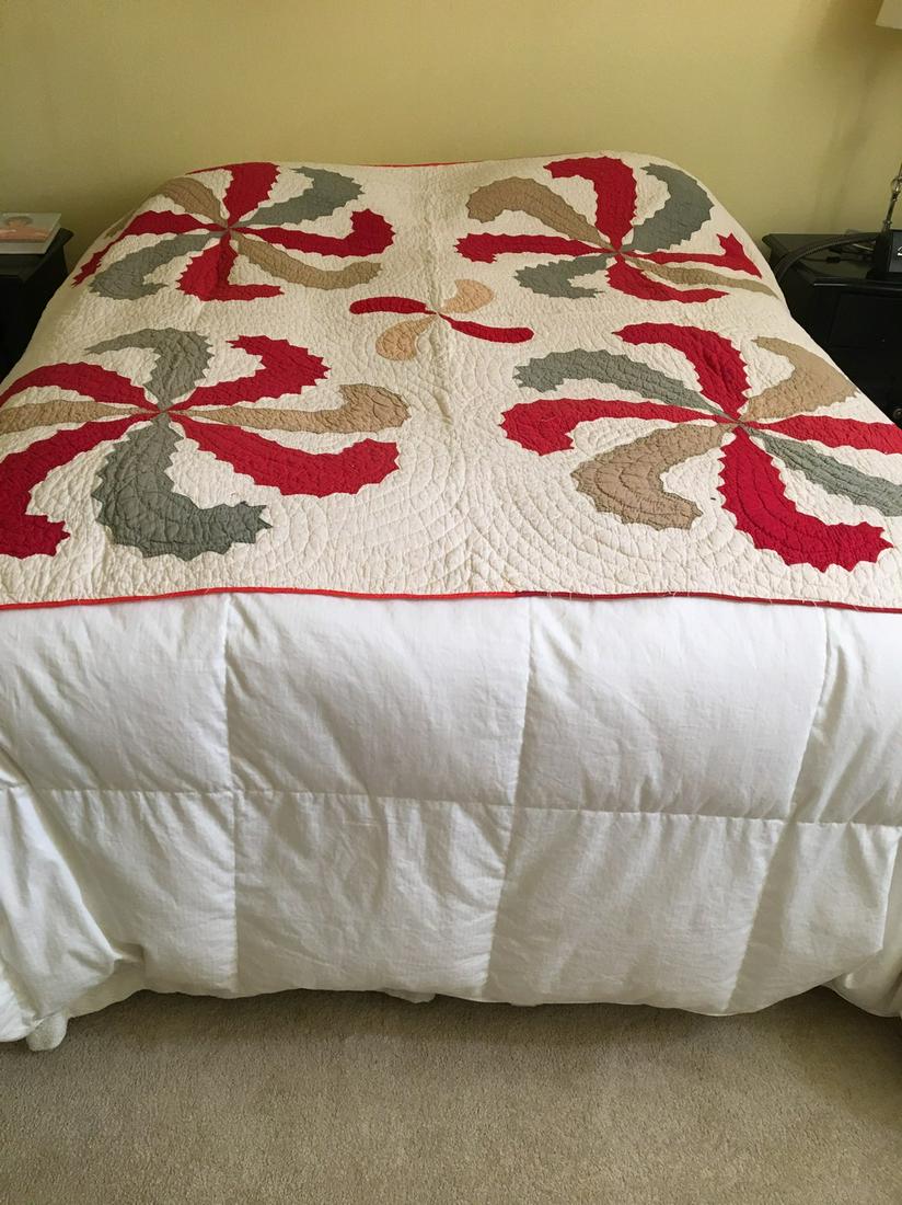 Princess Feather Aplique: Title: Princess Feather Aplique Date/Period: 1850 Material: cotton Dimension: 60x66 Provenance: Red & White 2 color quilt a couple faint spots on front and a few more on the back Shipping: Domestic: F