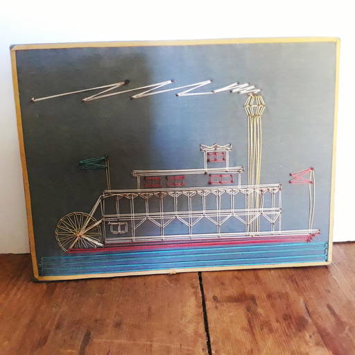 19thc String Art Of A Paddlewheel Riverboat In Red,