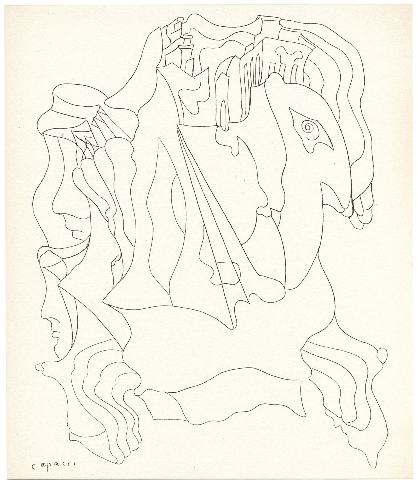 Bruno Capacci original lithograph: Medium: original lithograph. Printed in Paris by Mourlot and published by Pierre à Feu and Maeght Editeur for the Marcel Duchamp / André Breton project Surréalisme en 1947. Issued in a limited edit